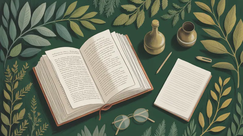 Editorial illustration of a closed reference book, blank notes and reading glasses on a quiet botanical study desk.