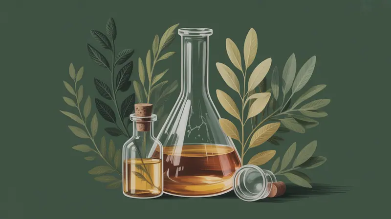 Editorial illustration of a glass flask, an amber specimen vial and a botanical branch, abstract chemistry research.