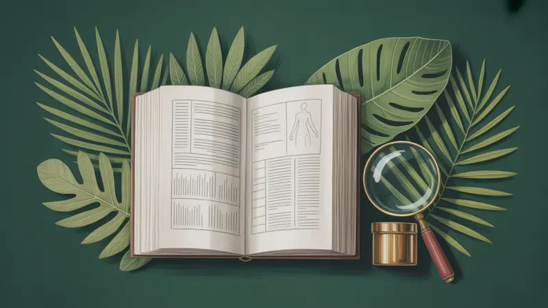 Editorial illustration of a closed pharmacology reference book, a magnifying glass and a tropical botanical leaf.