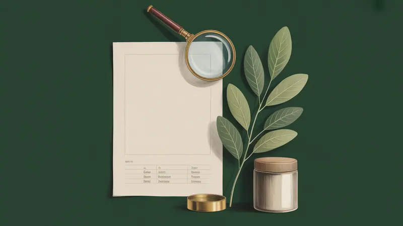 Editorial illustration of a blank page with a magnifying glass above it, a botanical branch and a closed unbranded container.