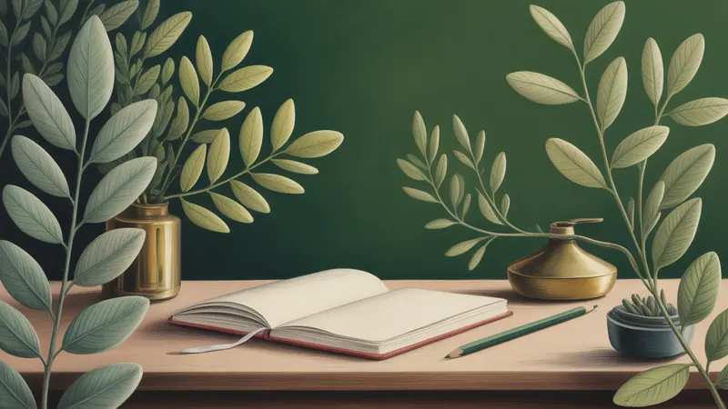 Editorial illustration of a quiet study desk with a blank notebook, pencil, softly lit window and a small botanical branch.
