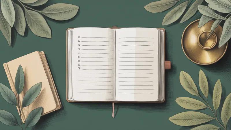 Editorial illustration of a blank notebook of questions, a closed reference book and botanical leaves on a quiet desk.