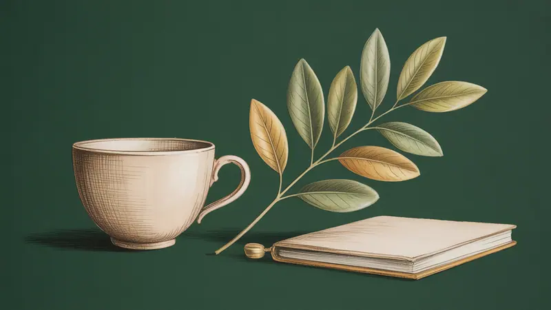 Editorial illustration of a plain ceramic tea cup beside a single leafy branch and a closed notebook.