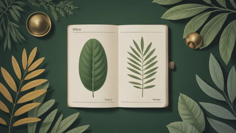 Editorial illustration of two different botanical specimens separated by a blank comparison notebook, one oval tropical leaf and one palmate leaf.