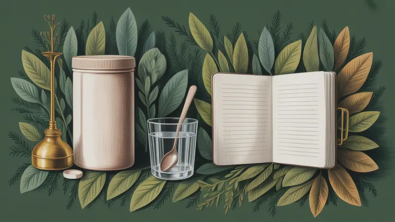 Editorial illustration of a closed plain botanical container, a glass of water and an open blank question notebook.