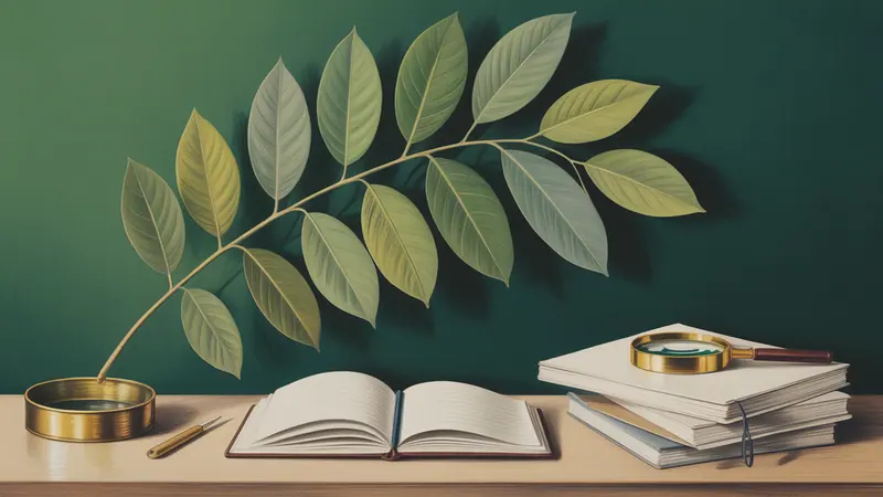 Illustration of botanical leaves, a notebook and editorial reference papers.