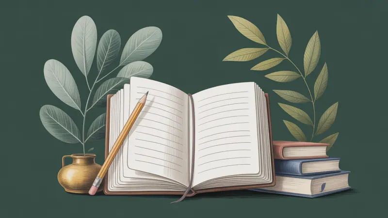 Illustration of a research notebook, reference books and botanical leaves.