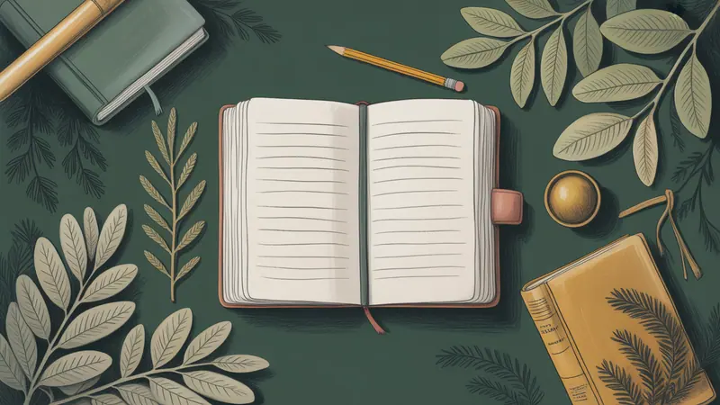 Illustration of a research notebook, reference books and botanical leaves.
