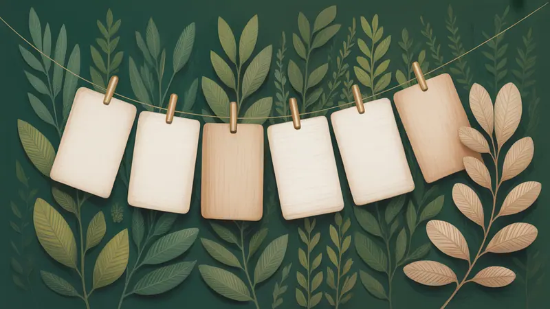 Editorial illustration of five blank paper cards linked by thin golden threads, with a botanical branch beside them.