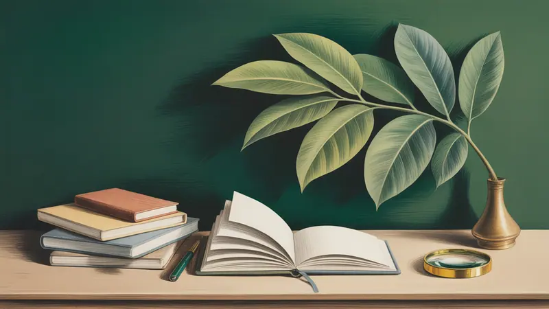 Illustration of botanical leaves, a notebook and editorial reference papers.